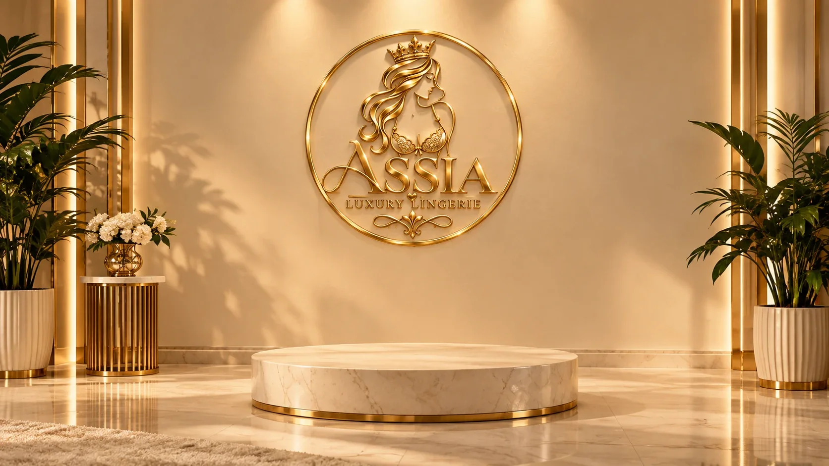صالة عرض Assia Luxury Lingerie بشعارها الذهبي